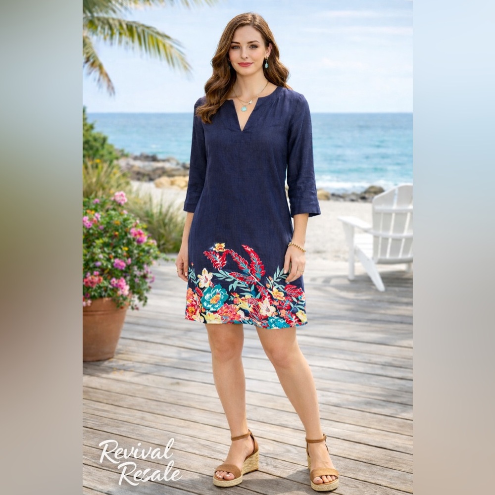Talbots Linen Shift Dress XS Navy Floral Hem Coastal Chic Summer Dress